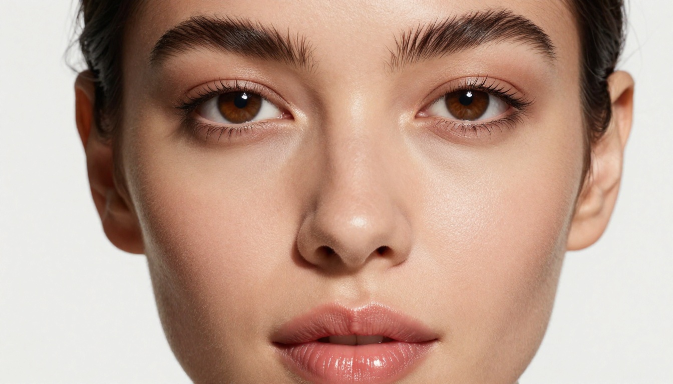 Extreme close-up beauty portrait with editorial natural-glam makeup