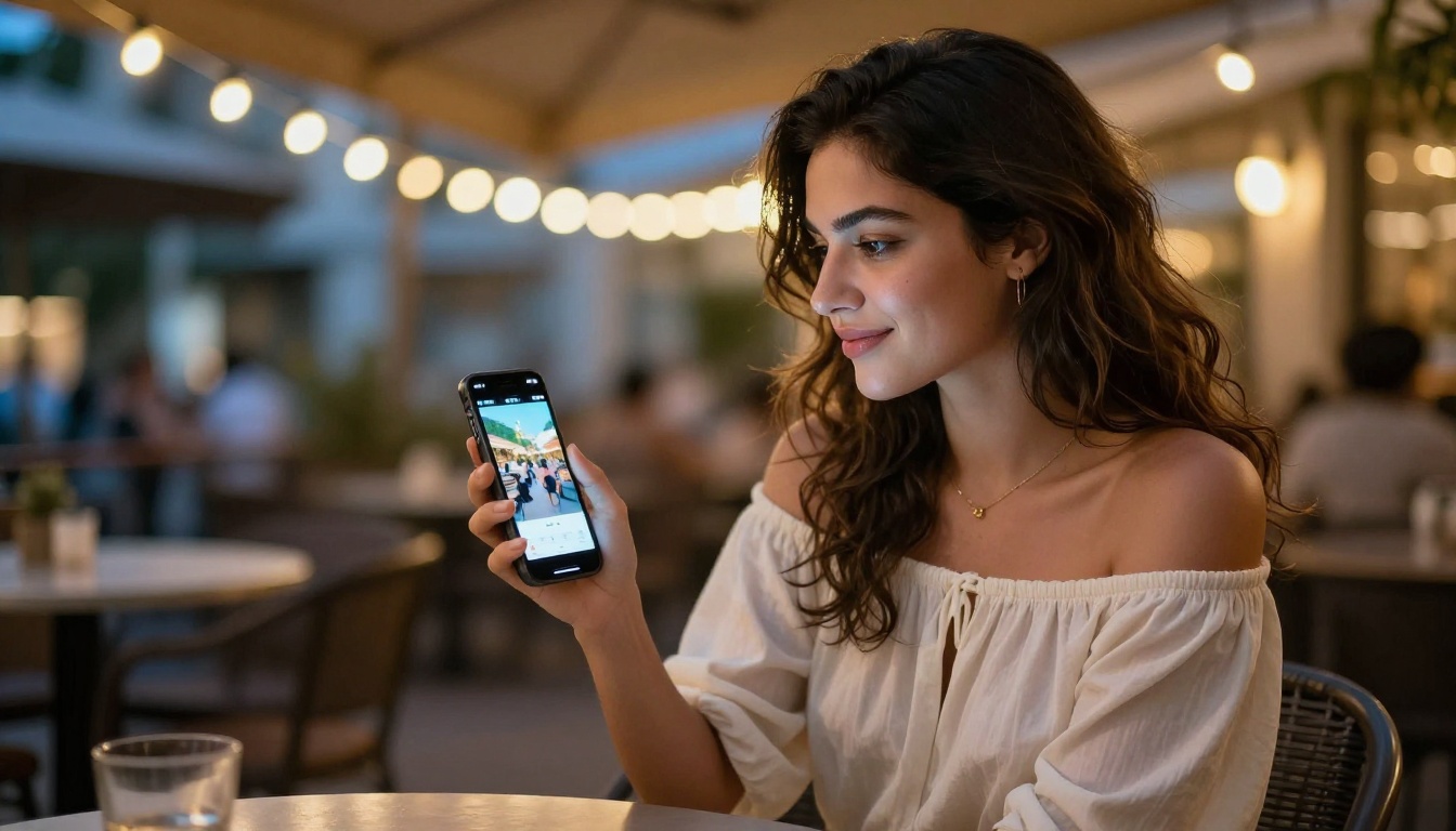 Woman at outdoor café at dusk holding smartphone showing AI video