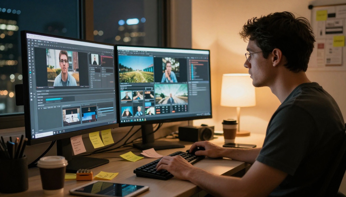 Professional AI video production studio with multiple curved monitors Professional AI video production studio with multiple curved monitors