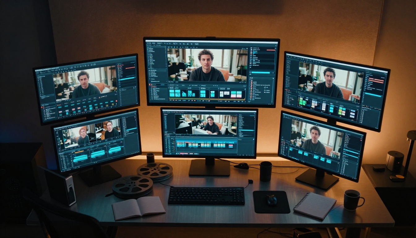 Professional filmmaker's desk with multiple monitors showing AI video generation software interfaces