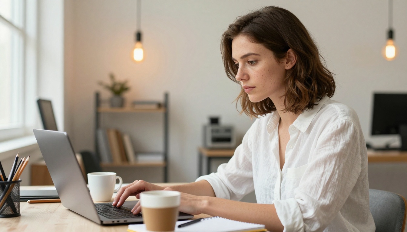 Young woman with brown hair working on laptop in bright modern creative studio with natural window light