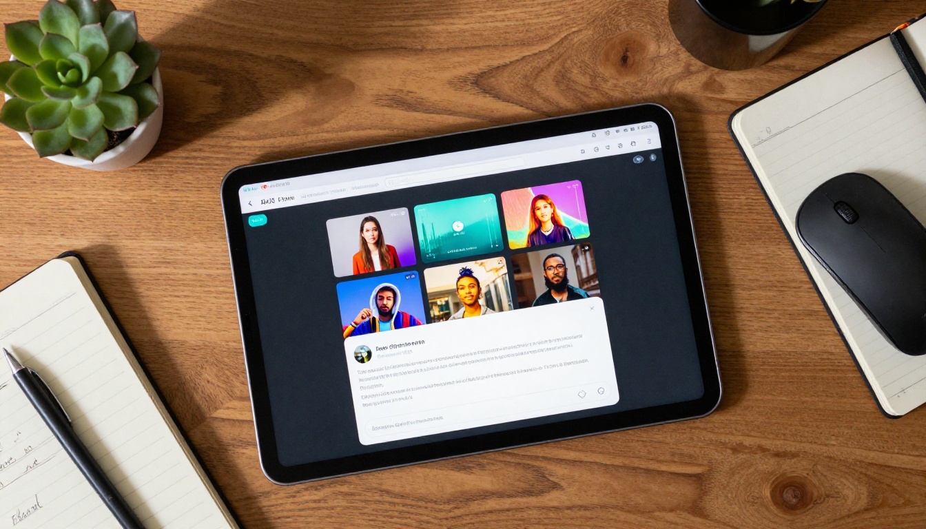 Tablet on wooden desk displaying AI image generation platform with colorful model thumbnails and prompt field