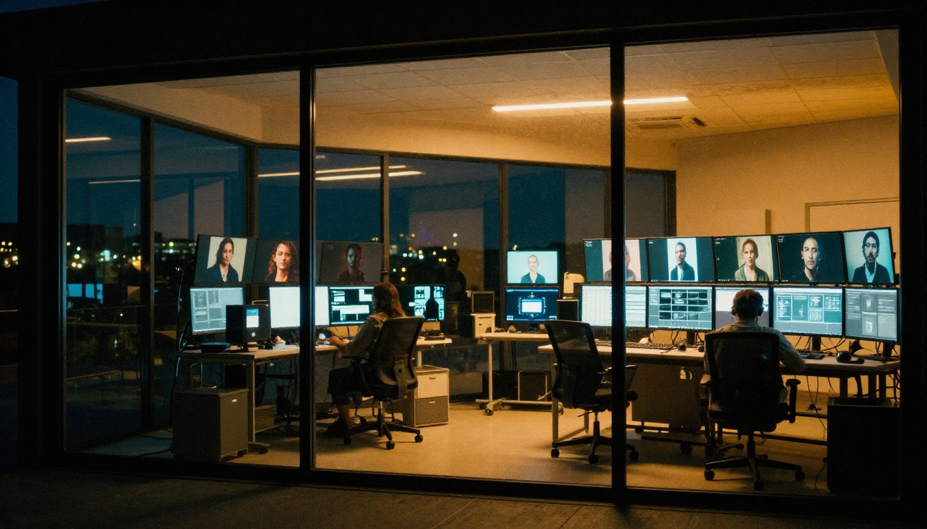 Night view of a creative production studio through floor-to-ceiling glass windows, monitors glowing with AI-generated content