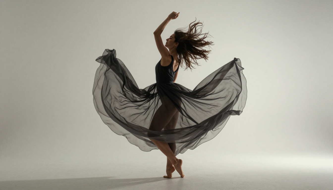 Dynamic motion photography of a dancer captured mid-movement in a minimalist white studio Dynamic motion photography of a dancer captured mid-movement in a minimalist white studio