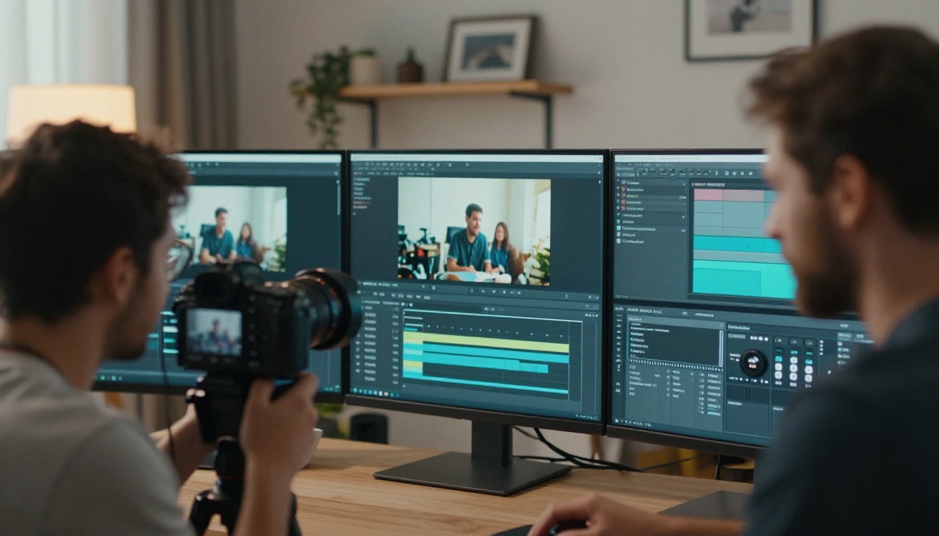 Content creator workspace with AI video software on multiple monitors Content creator workspace with AI video software on multiple monitors