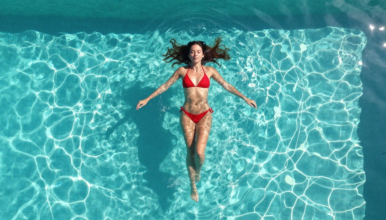 Aerial view of woman at luxury pool — photorealistic base image suitable for motion synthesis input