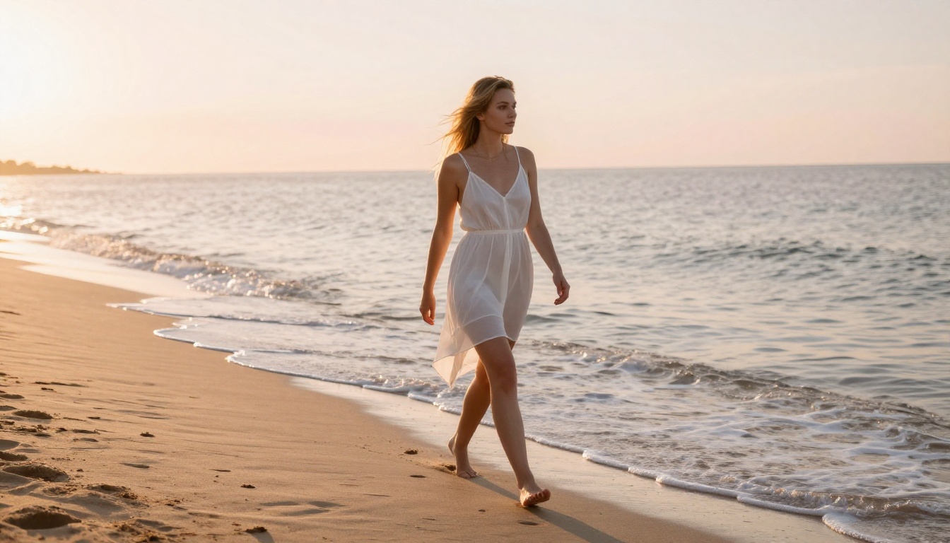 Woman walking along beach at sunrise — natural movement quality achievable with AI motion control