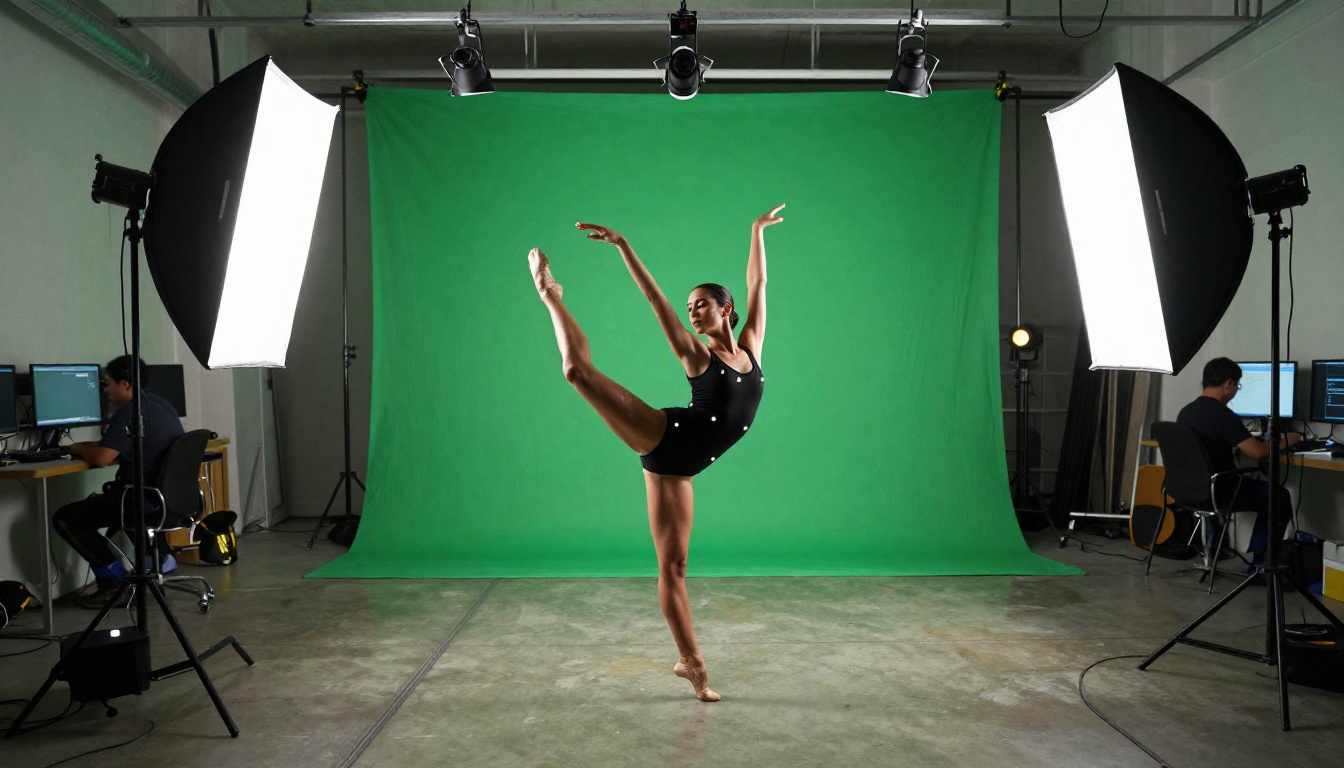 Motion capture studio with female dancer in mocap suit performing an arabesque pose under professional lighting