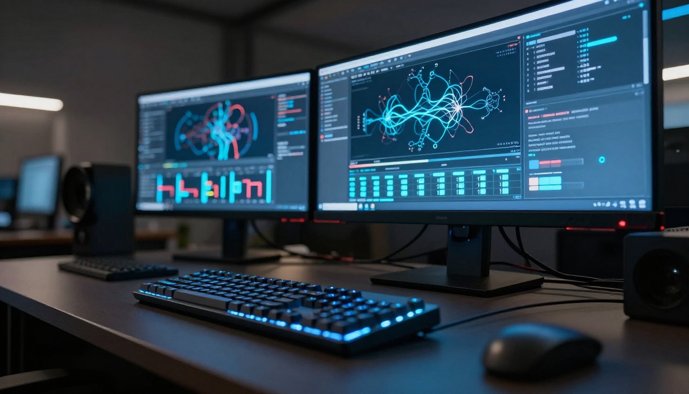 AI video generation workstation with multiple monitors