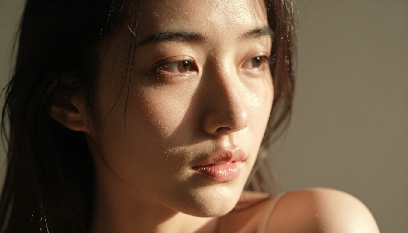 Close-up portrait of beautiful woman with dramatic morning window light on bare shoulder