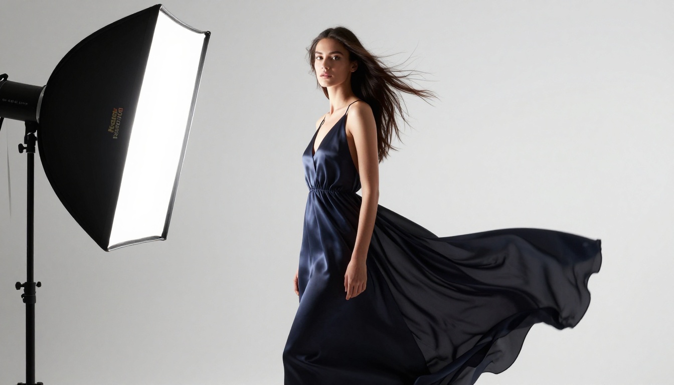 Woman in flowing silk dress under professional studio lighting with octabox setup
