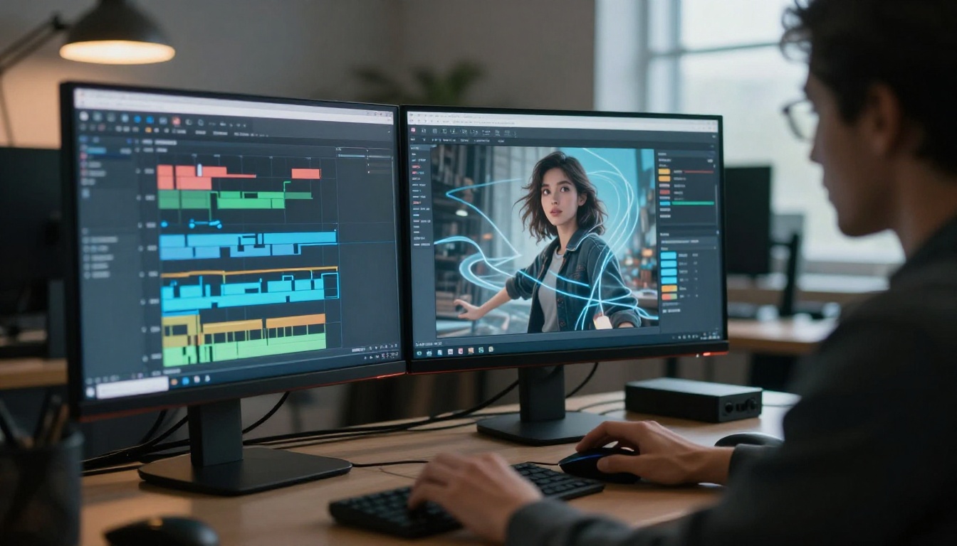 Creative director reviewing AI character animation footage at a professional workstation with three monitors