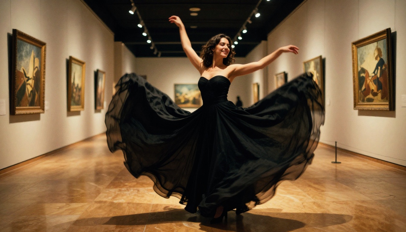 Woman in black evening gown spinning in an art gallery corridor at night, fabric creating a swirl from motion blur