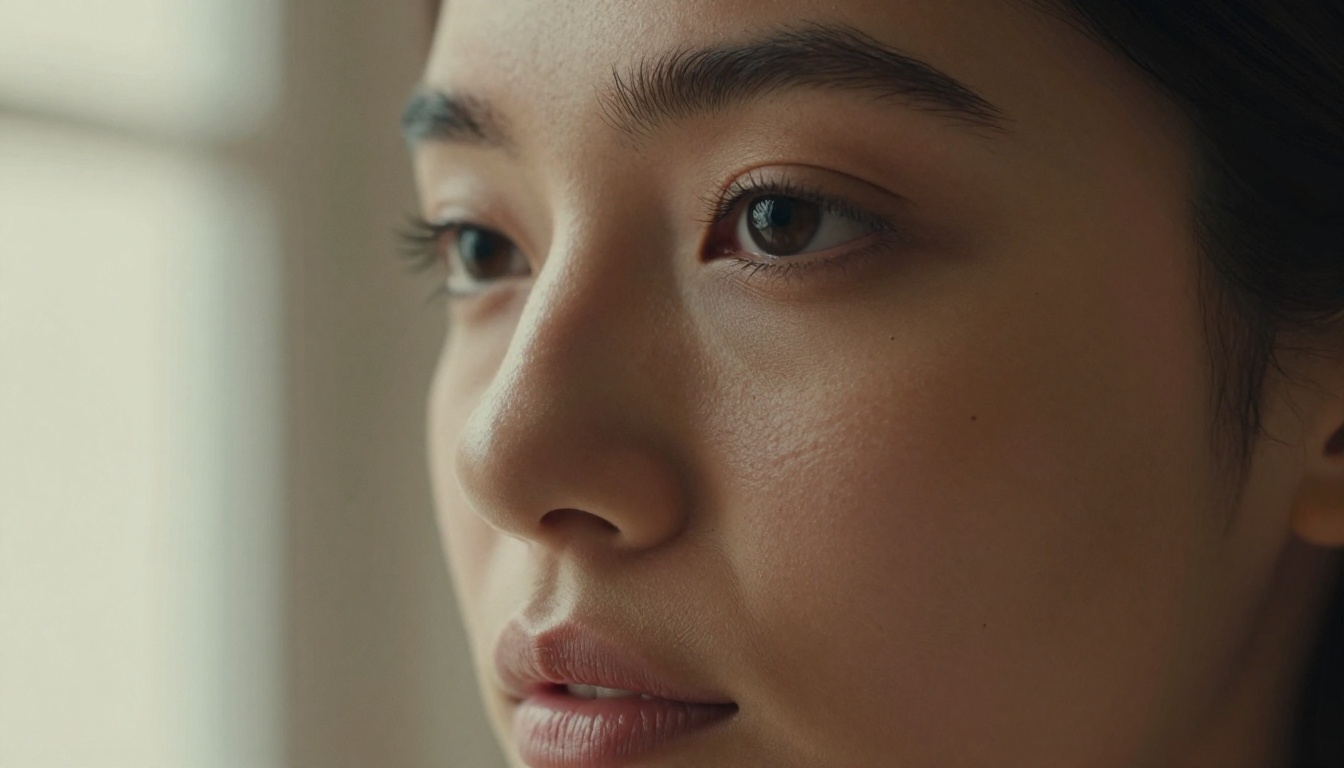 Close-up portrait of a woman with luminous skin in soft window light, cinematic photography