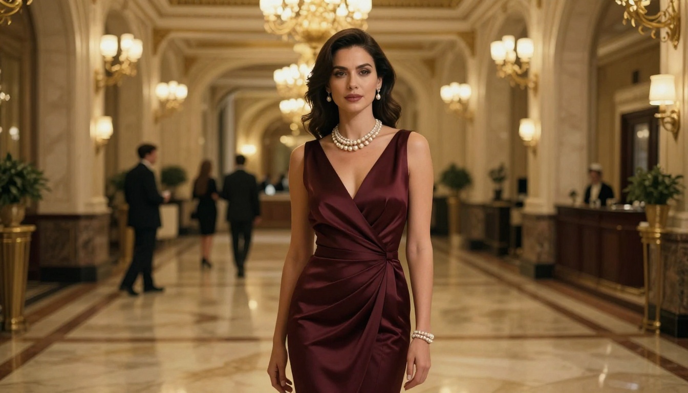 Glamorous woman in luxury hotel lobby, cinematic AI output
