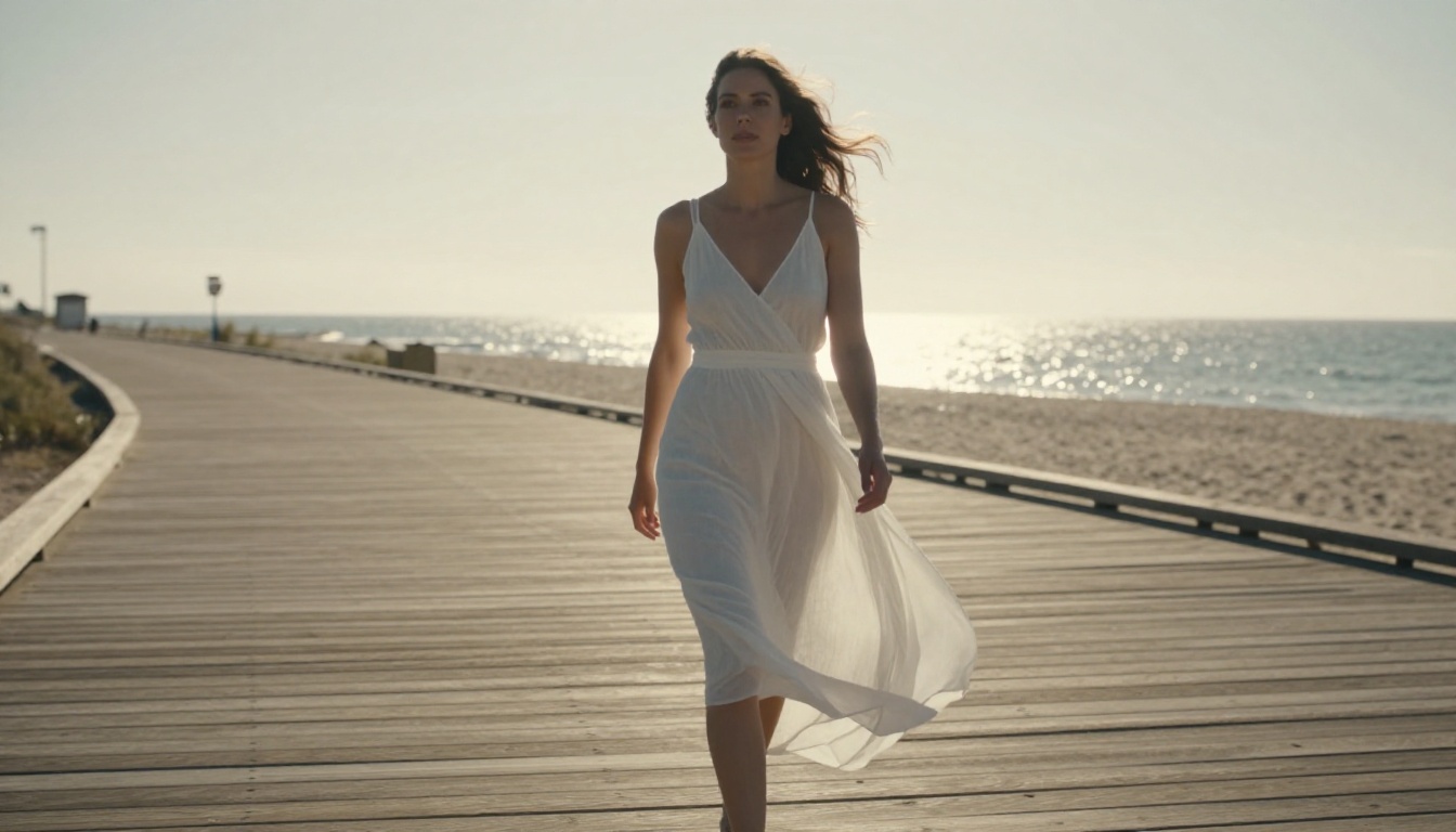 Woman in white linen dress walking on ocean boardwalk, low-angle cinematic shot