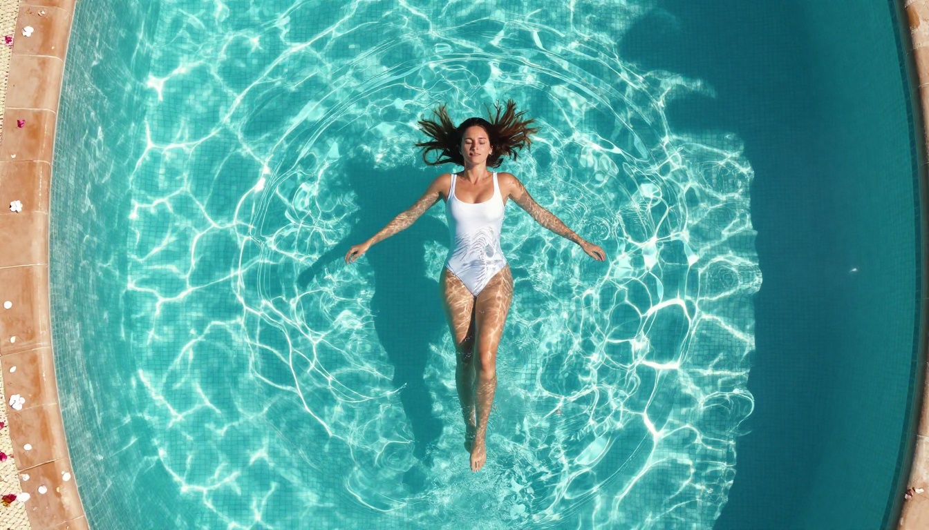 Aerial drone view of woman floating in turquoise tiled swimming pool