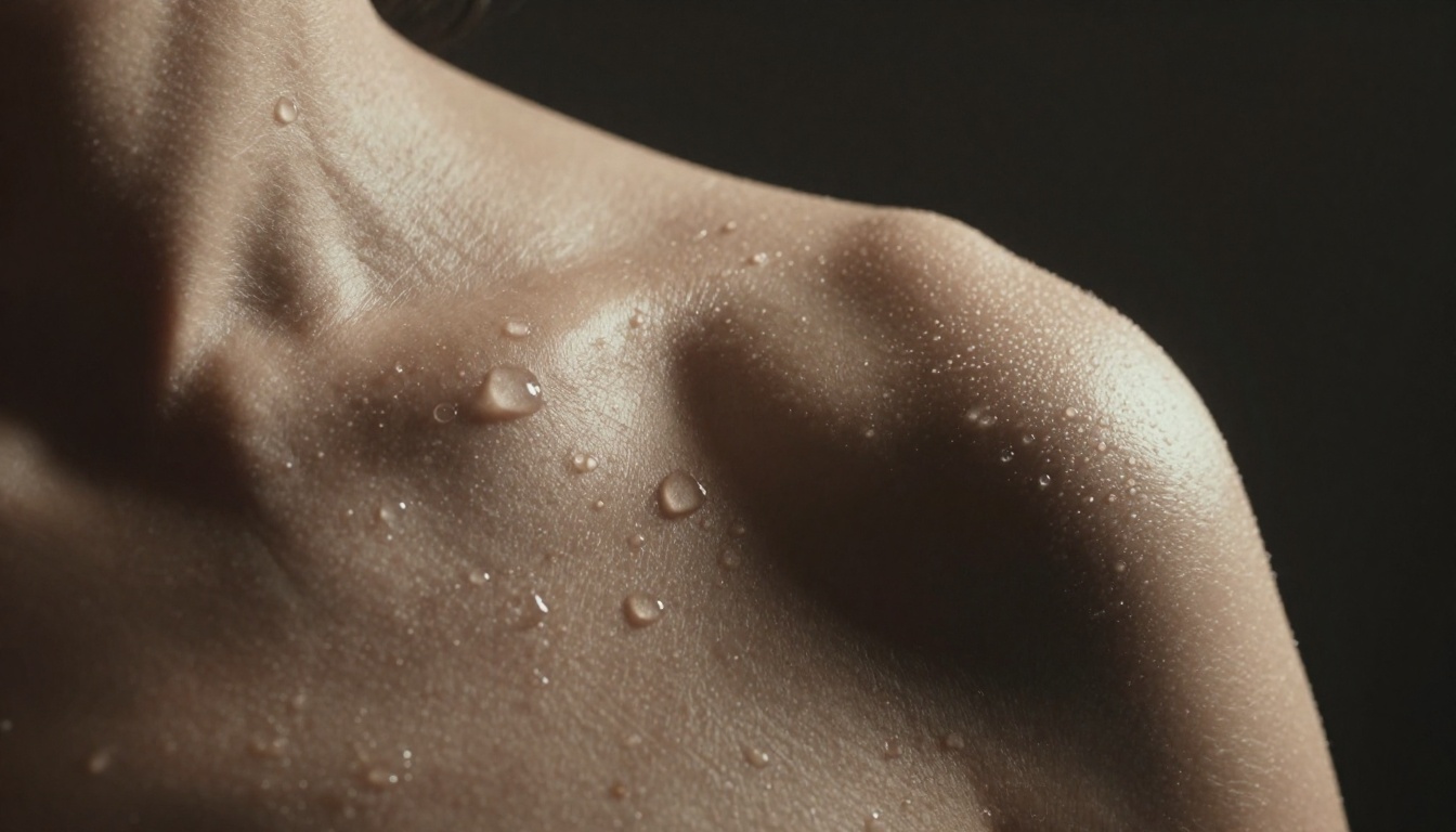Intimate close-up of bare shoulder and collarbone with water droplets in dramatic raking light