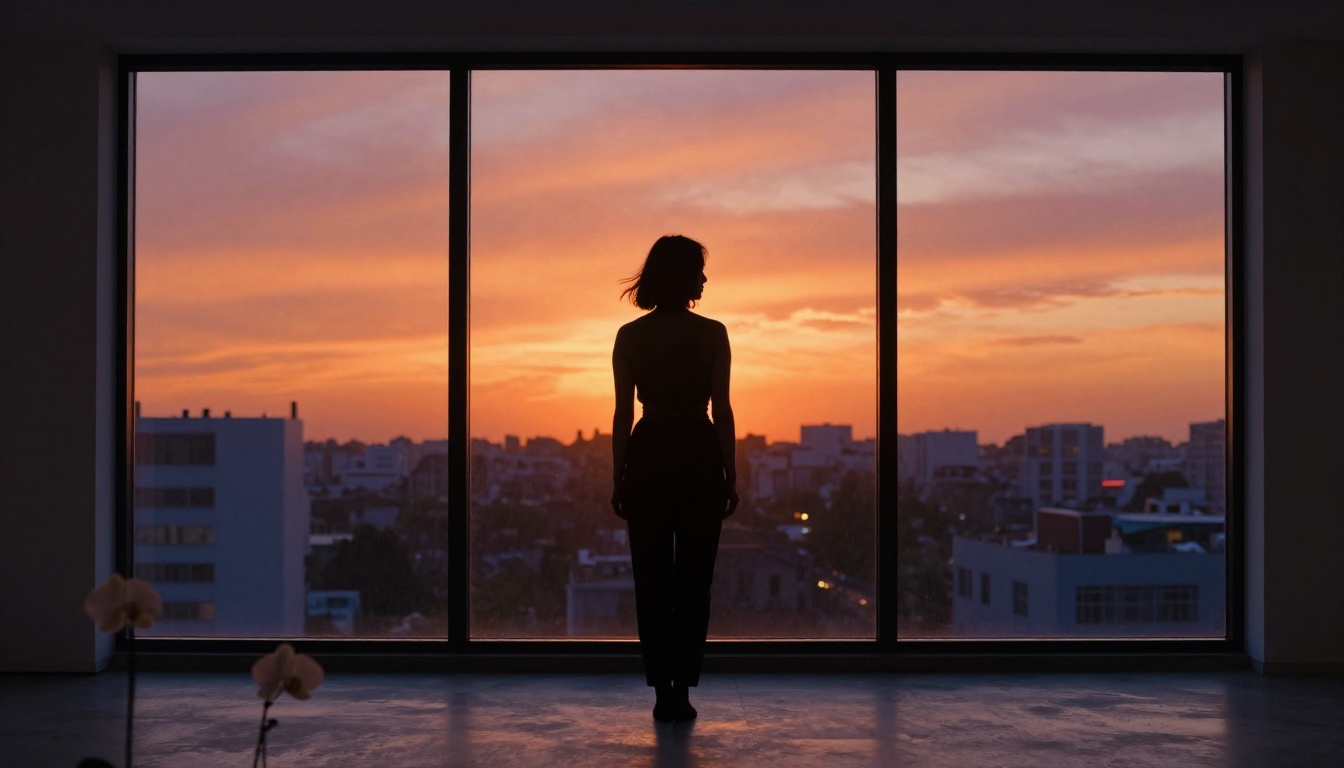 Artistic silhouette of woman backlit by burning sunset through large apartment window