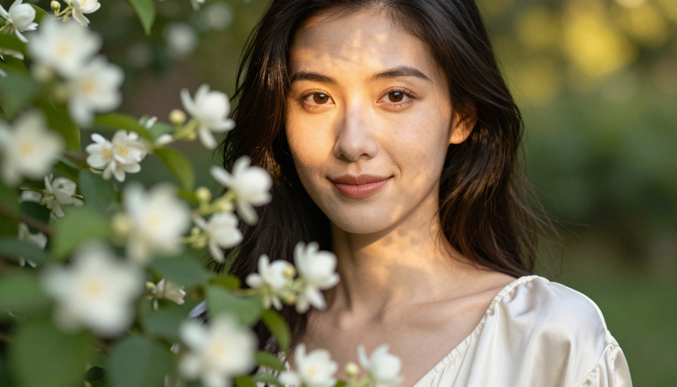Woman photographed through soft-focus jasmine flowers in afternoon garden light