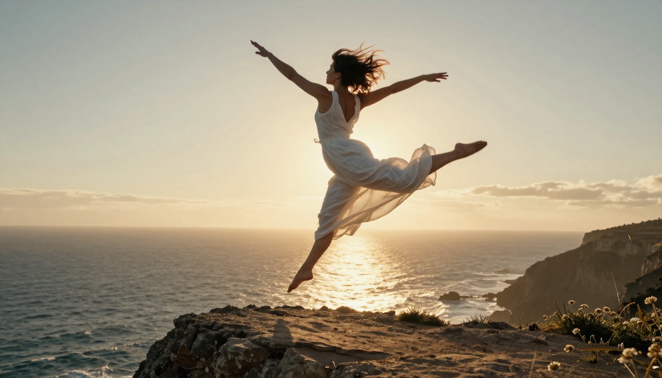 Woman performing an expressive leap off a coastal cliff at dusk, white dress billowing in the ocean wind