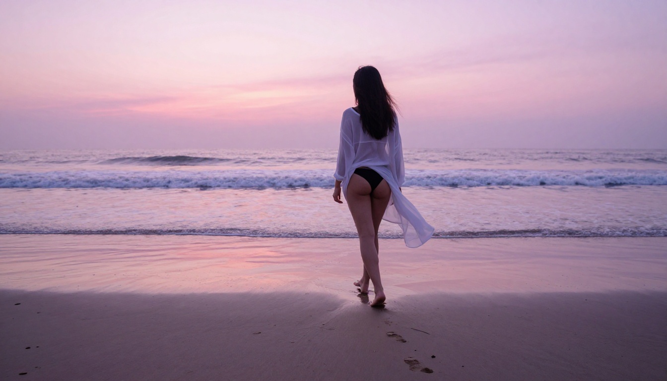 Woman walking along shallow shoreline at sunrise, sheer white cover-up, 8K