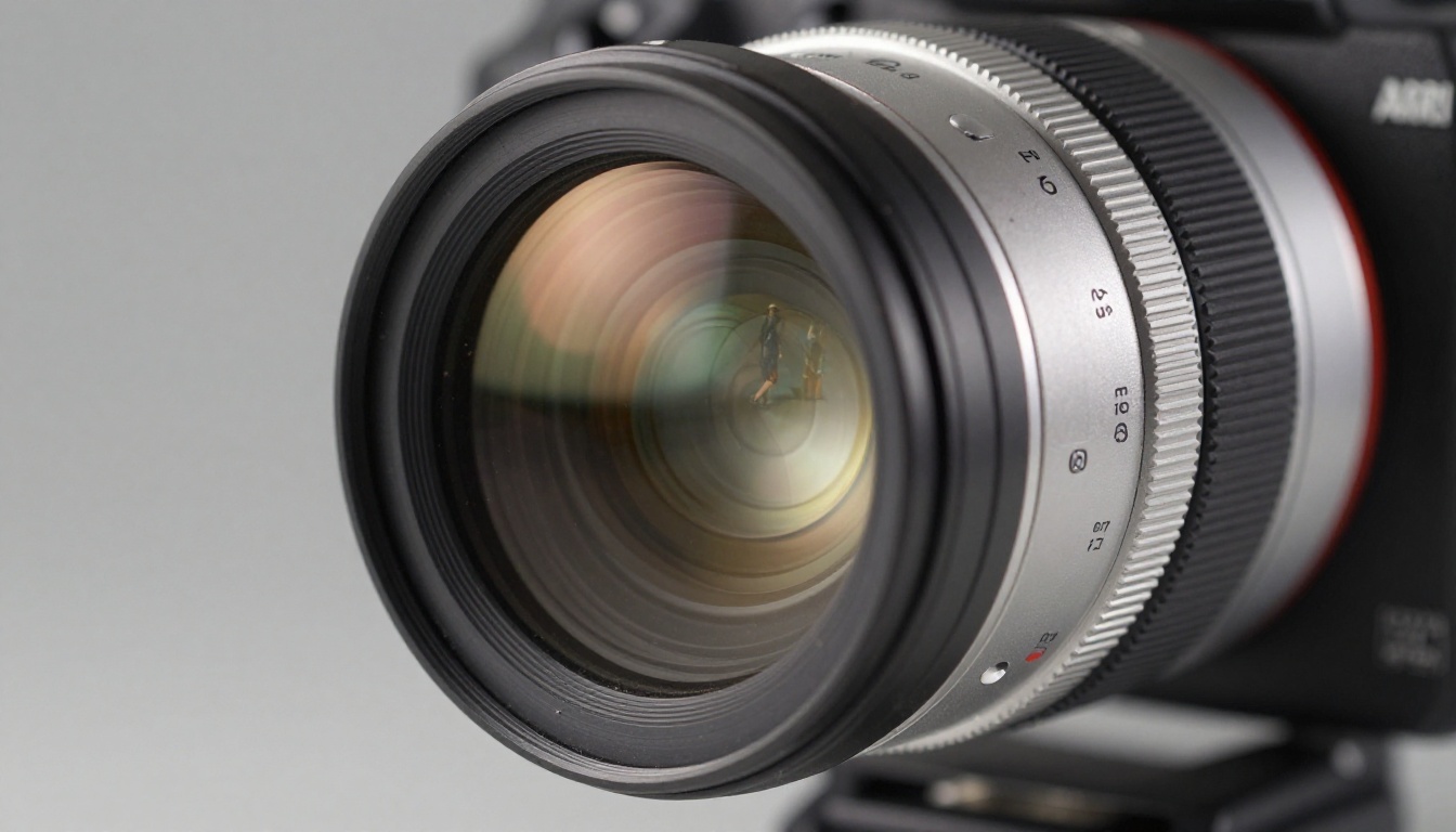 Extreme close-up of a professional cinema camera anamorphic lens with detailed glass reflections and brushed aluminum barrel