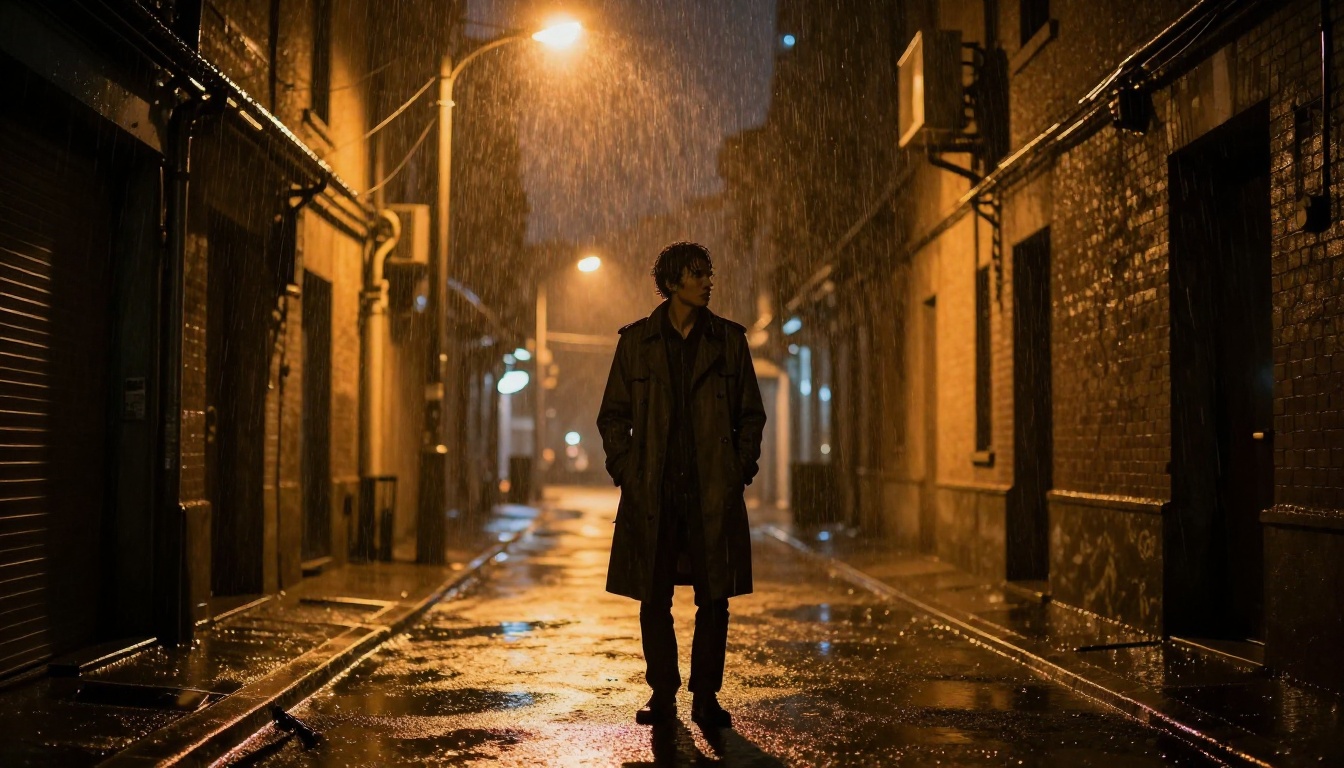 A lone figure in a dark trench coat standing in a rain-soaked alley at night, wet asphalt reflecting street lamp orange glow