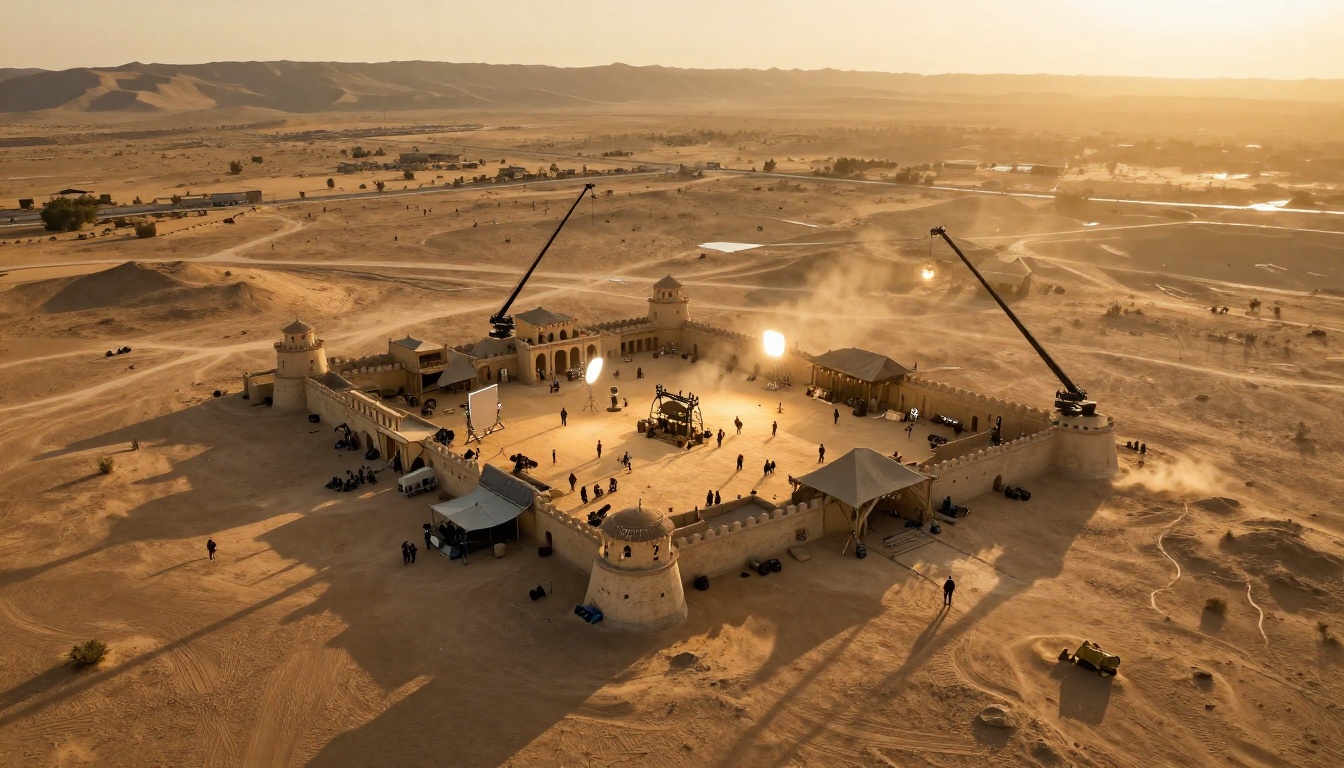 Aerial view of an outdoor film production set in desert at golden hour with camera cranes and tiny crew figures arranged in patterns
