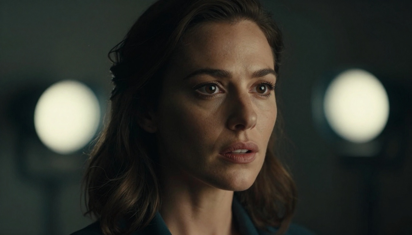 Close-up portrait of a female actress with dramatic Rembrandt lighting, intense expression, dark blouse, teal and orange cinematic color grade
