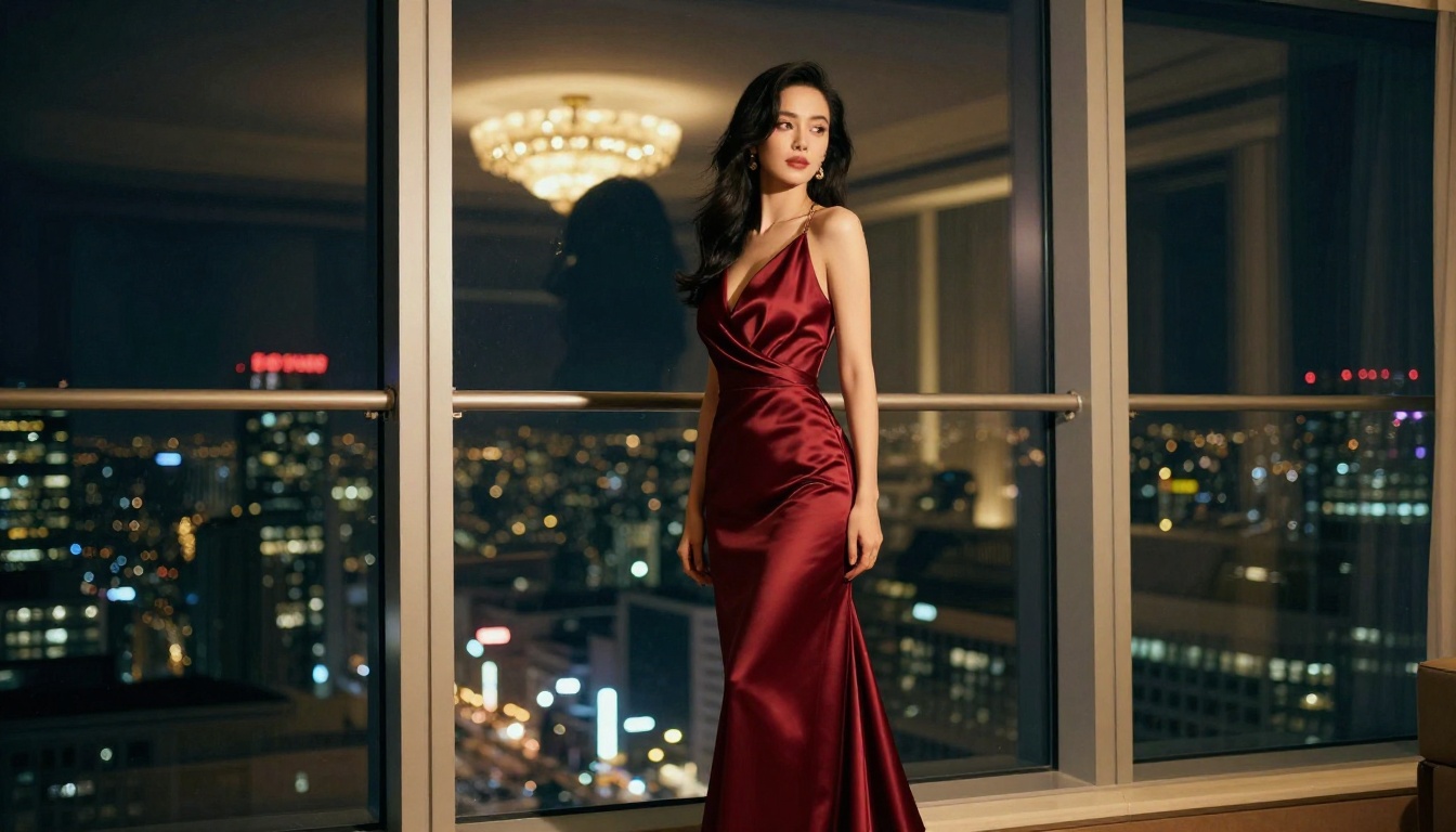 Elegant woman in red satin gown at penthouse windows overlooking city skyline at night Elegant woman in red satin gown at penthouse windows overlooking city skyline at night