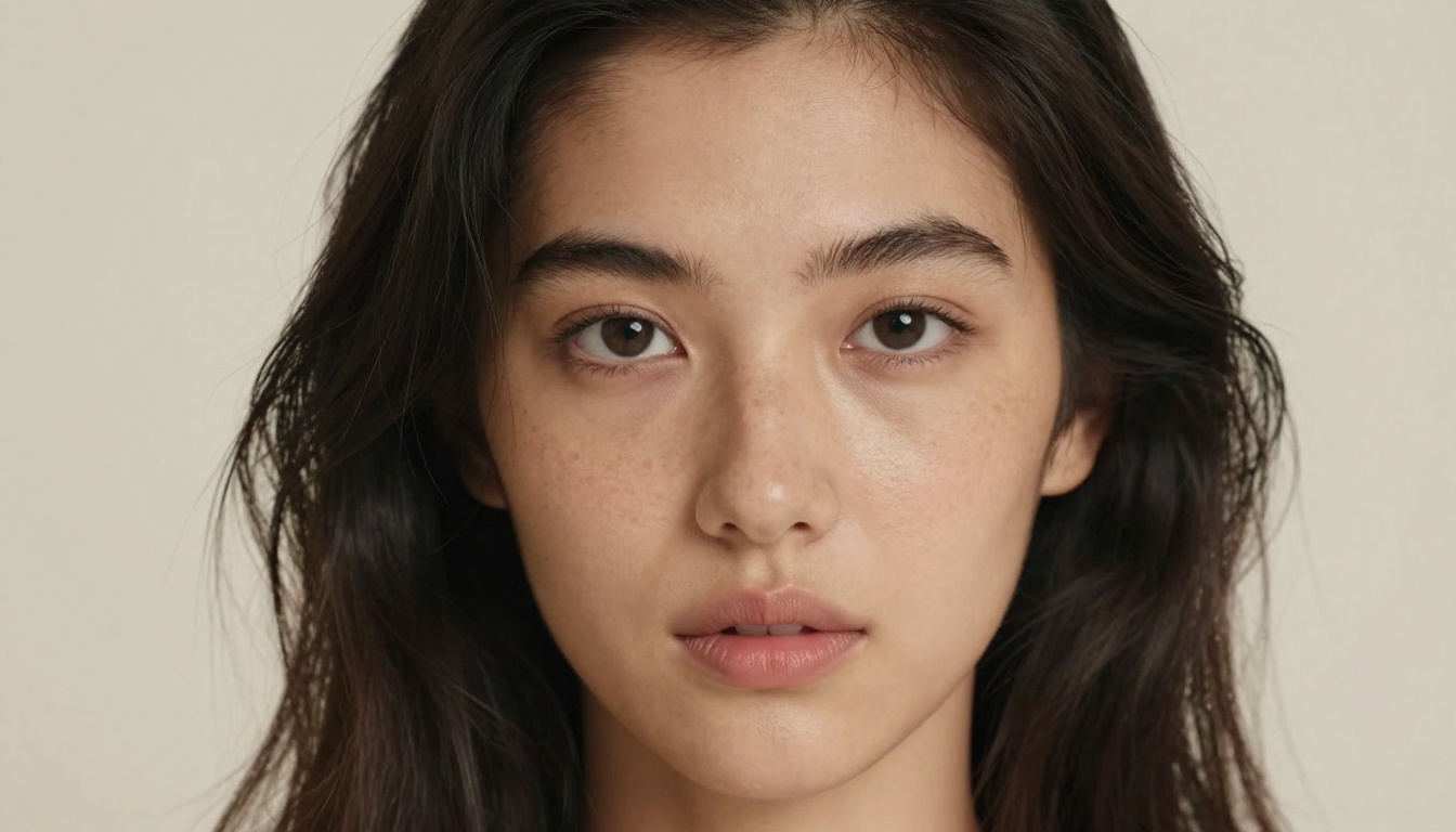 Intimate close-up beauty portrait, tousled hair, natural freckles, direct gaze Intimate close-up beauty portrait, tousled hair, natural freckles, direct gaze