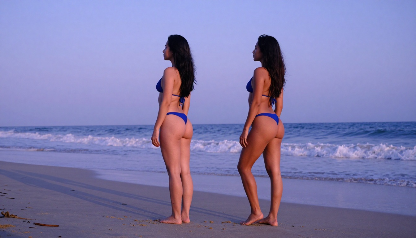 Two women in high-fashion bikinis on a tropical beach at blue dawn light Two women in high-fashion bikinis on a tropical beach at blue dawn light