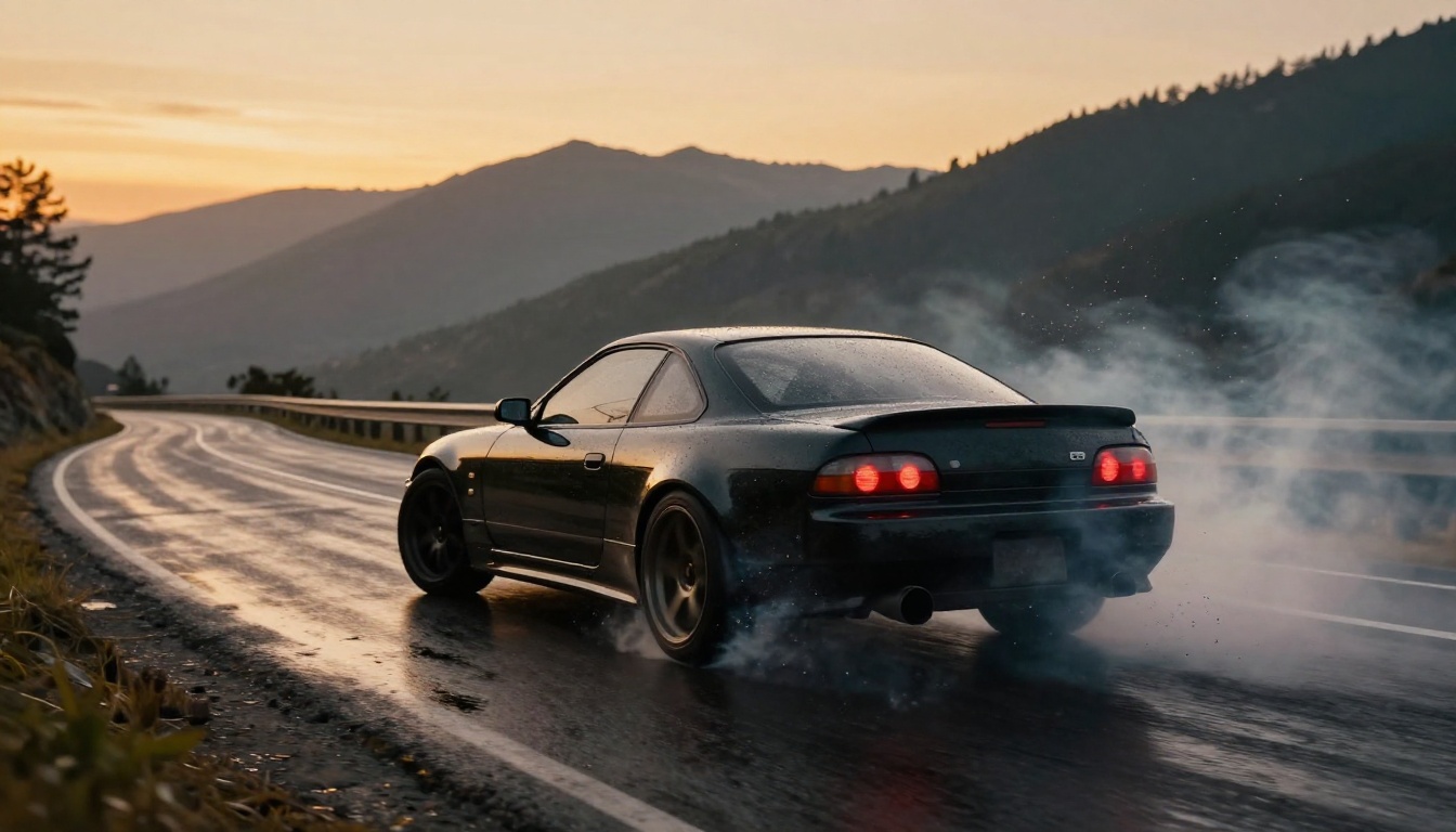 Dynamic low-angle shot of a sports car mid-drift on a wet mountain road at dusk with tire smoke catching golden light