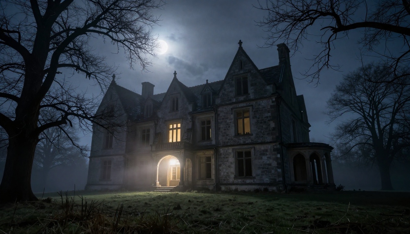 Atmospheric wide-angle shot of an abandoned gothic mansion at midnight, fog rolling across the lawn, single lit window, full moon behind dark clouds