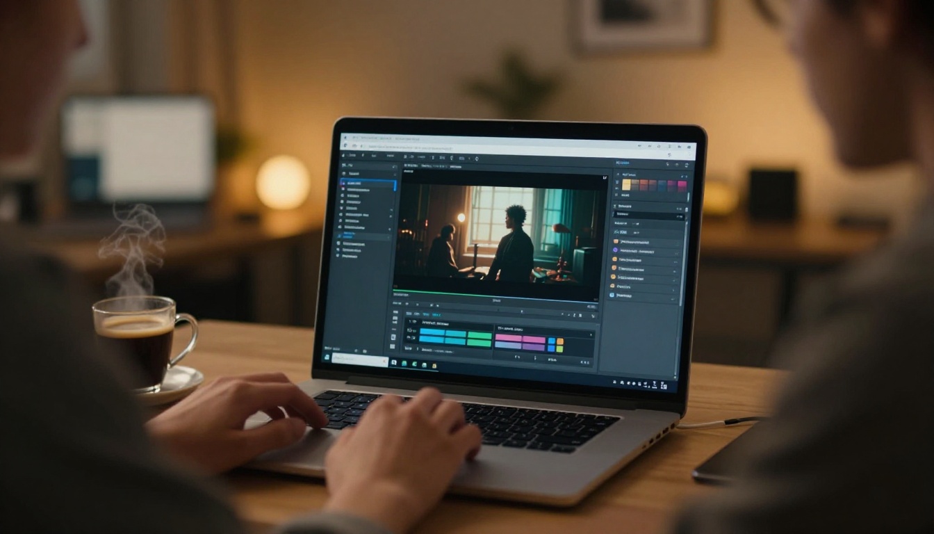 A creative professional at a desk with laptop showing an AI video generation interface, screen glow illuminating hands hovering over keyboard