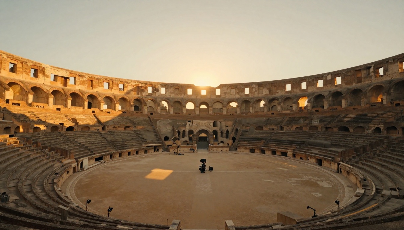 Cinematic wide establishing shot of a vast ancient colosseum at sunrise from the arena floor, a film crew tiny in the center