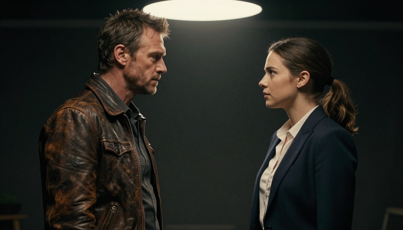 Two actors face-to-face in a tense confrontation scene, split-diopter focus, cinematic rim lighting, dark background