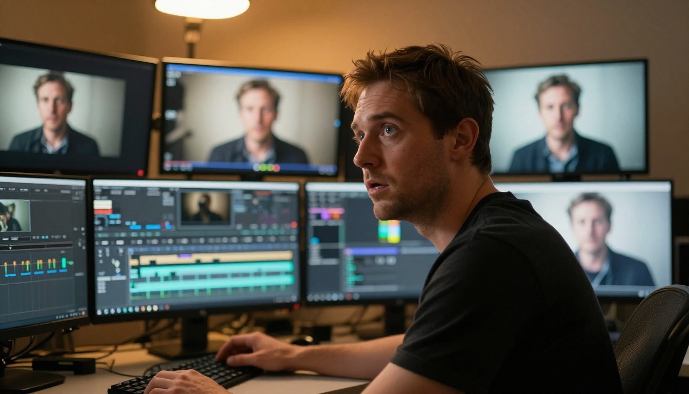 Filmmaker reviewing AI-generated video outputs in a modern editing suite