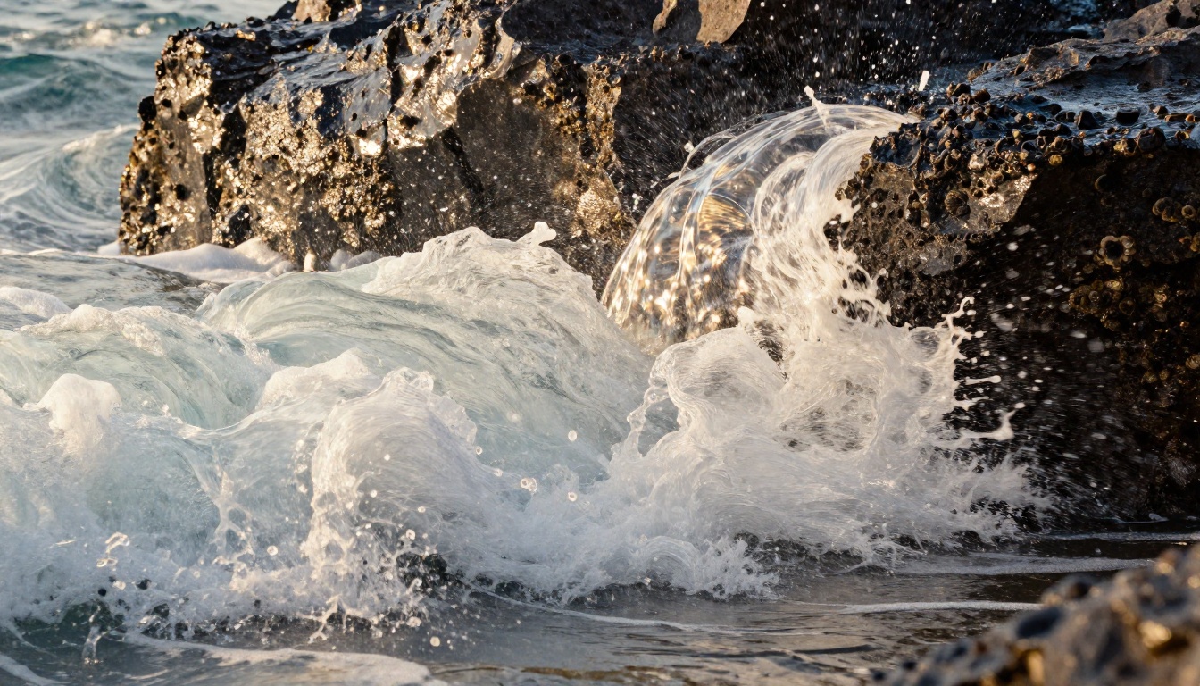 Photorealistic wave crashing on rocky shoreline at dawn, extreme close-up