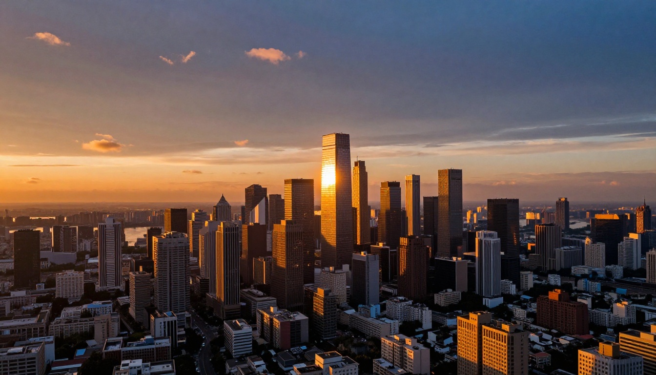 Aerial golden-hour city skyline, representing cinematic AI video output quality