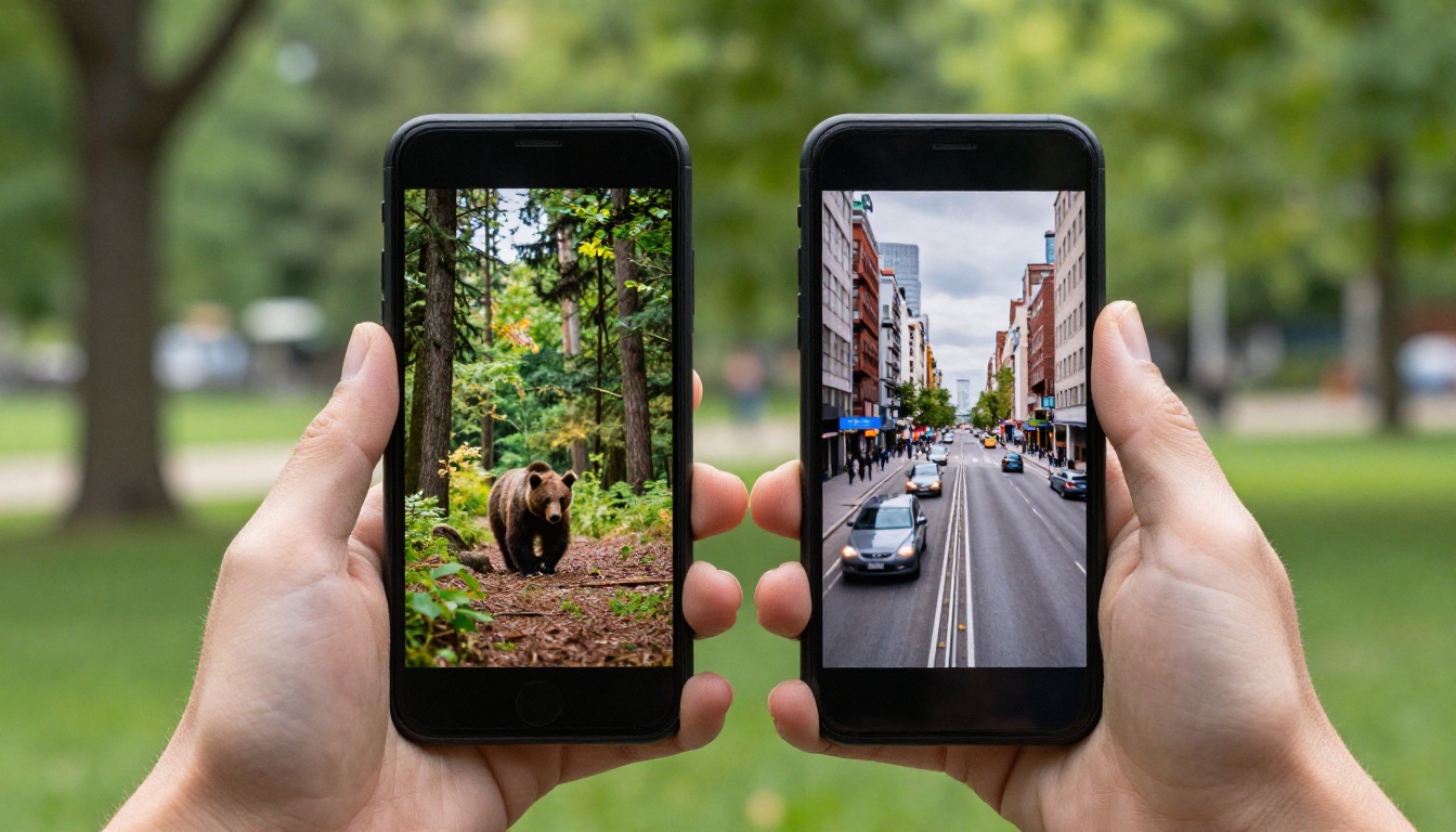 Two smartphones held side by side comparing AI video outputs in an outdoor setting