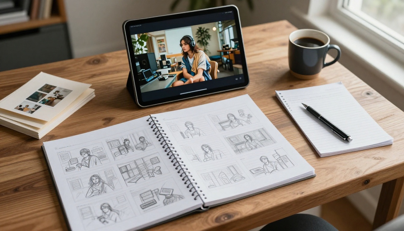 Filmmaker storyboard sketches alongside AI-generated video frames on tablet