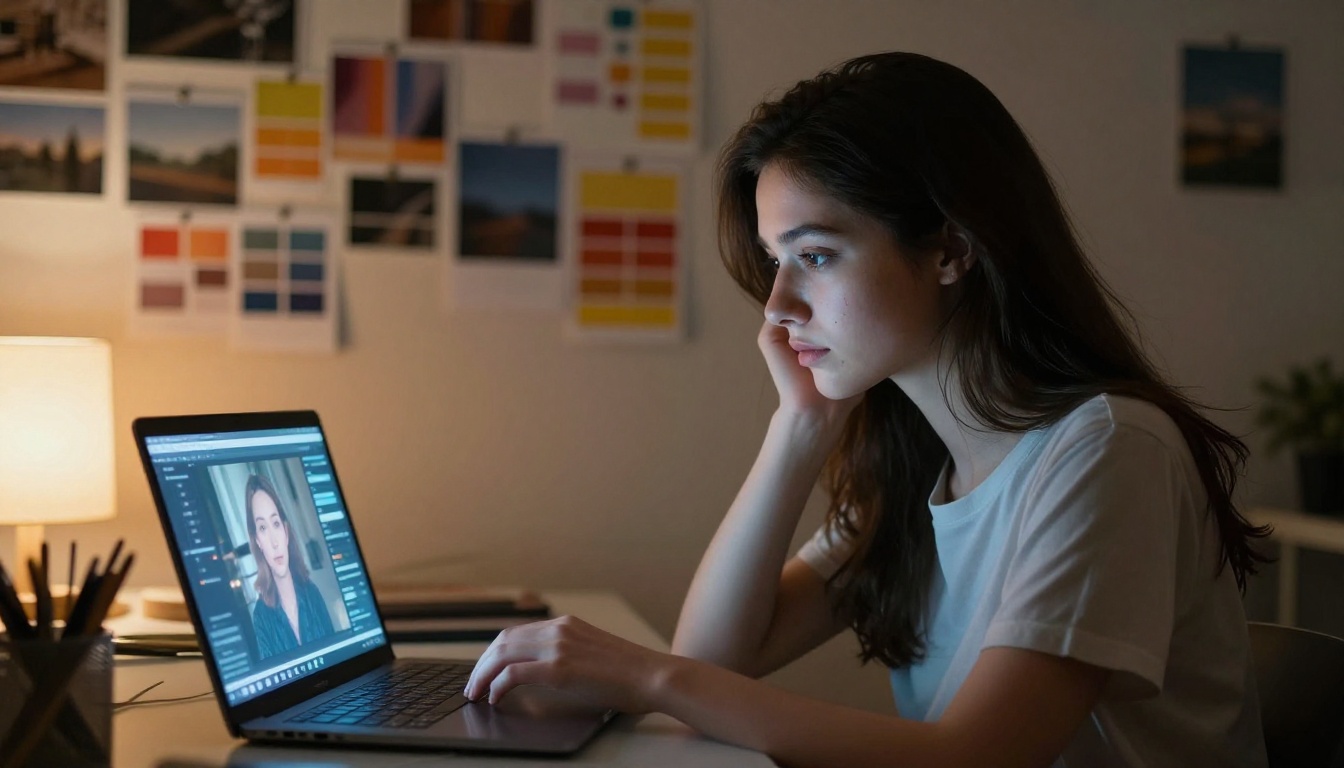 Creative professional watching AI-generated video on laptop screen in warm workspace