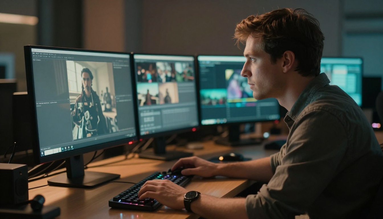Video producer reviewing footage in a professional color grading suite