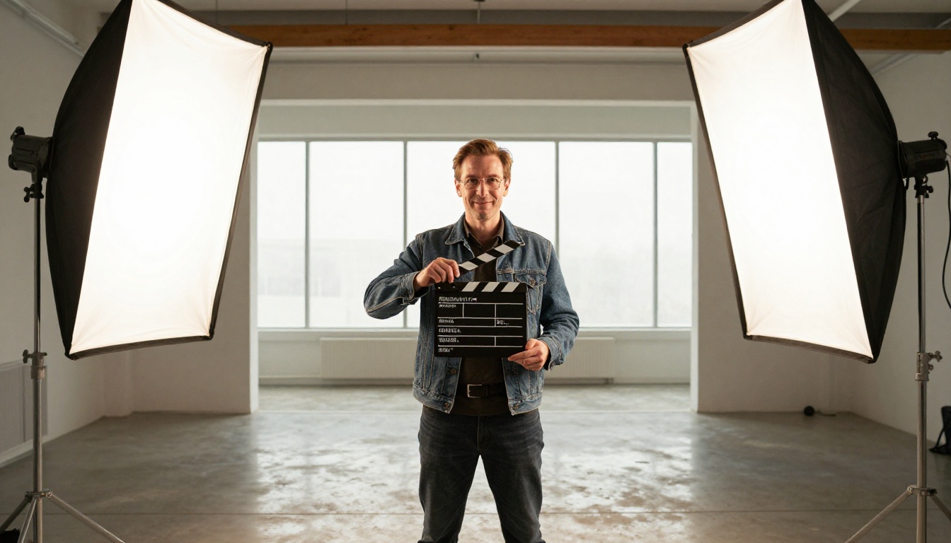 Film director holding a clapperboard on a minimal production set