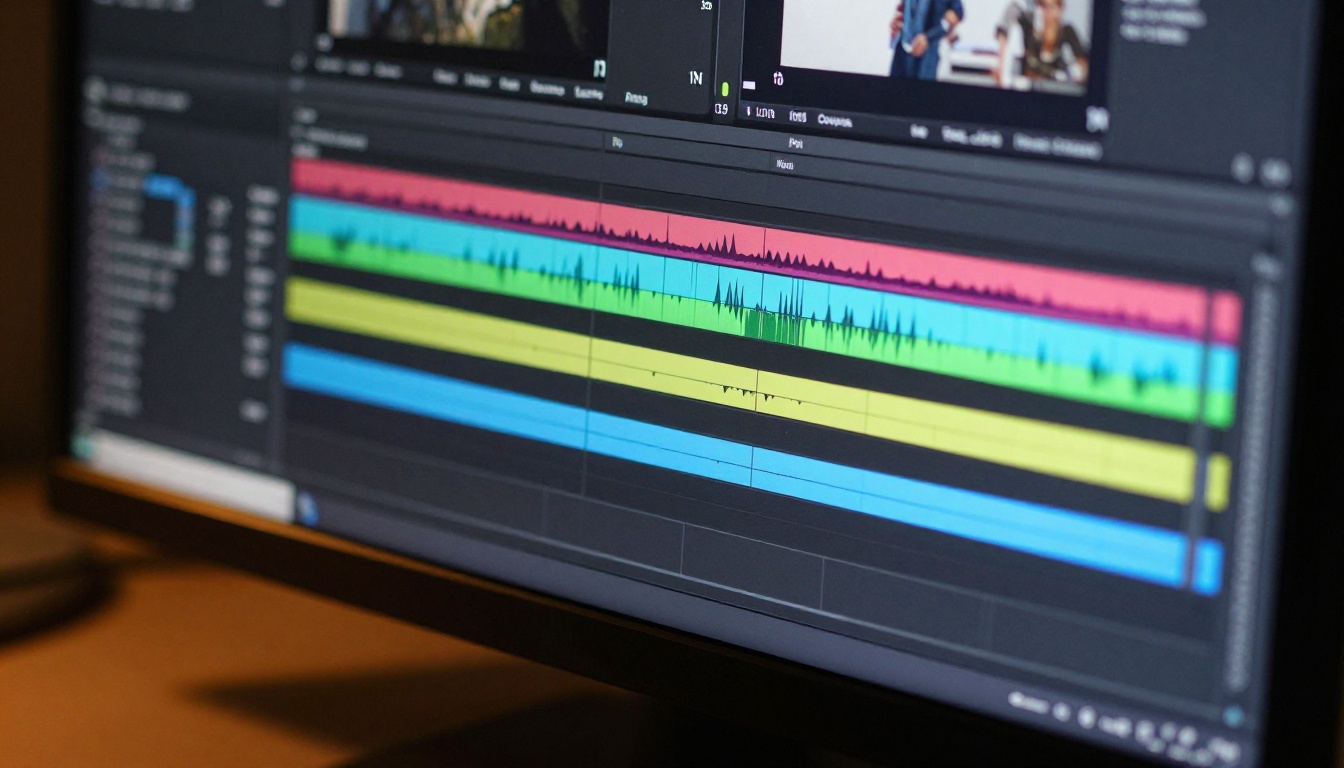 Professional video editing timeline displayed on monitor