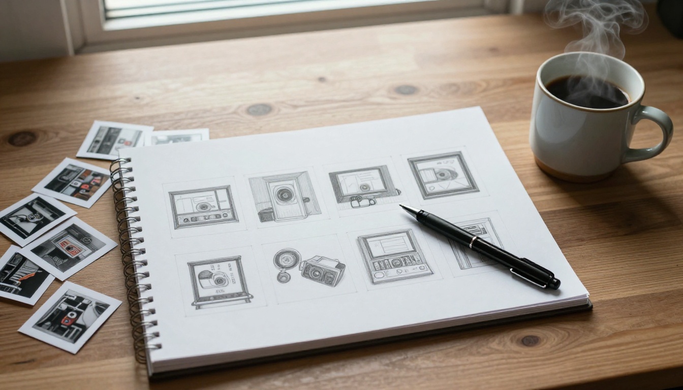 Filmmaker's storyboard sketchpad and planning materials on a desk