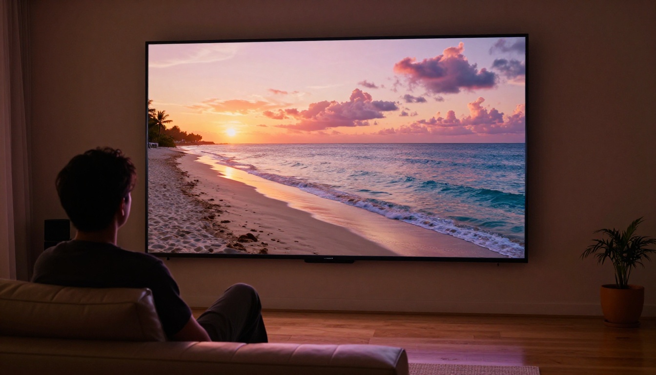 Person watching AI-generated video content on a large widescreen television