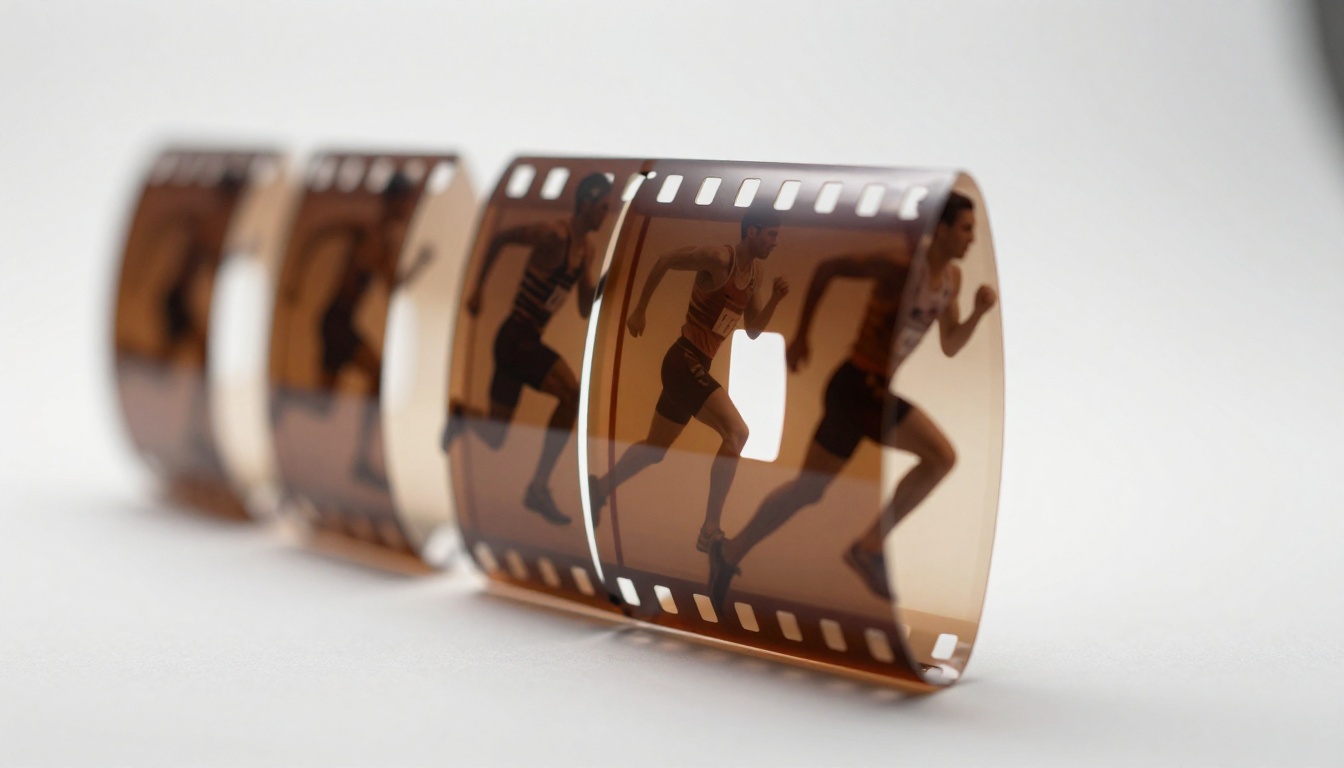 High-speed cinematic film strip in a white studio showing sequential motion frames High-speed cinematic film strip in a white studio showing sequential motion frames